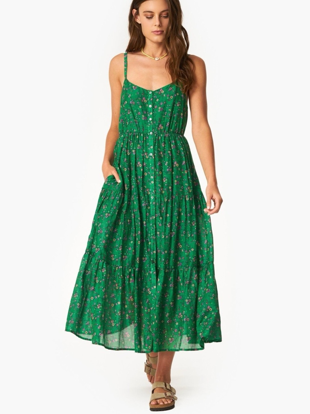 Xirena Sophie Midi Dress Green Grass Cotton Silk Floral Size Small